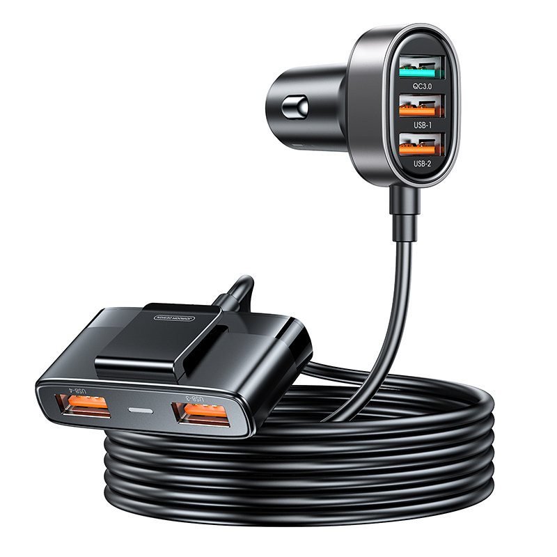 Ātrs auto lādētājs 5x USB-A ar 45W pagarinātāju melns