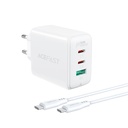 2in1 2x USB-C USB 65W tinklo įkroviklis + USB-C kabelis, baltas