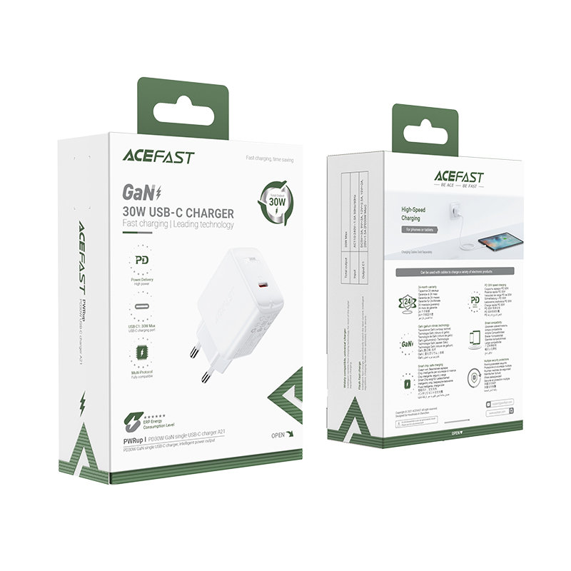 GaN USB-C 30W PD QC 3.0 AFC FCP tīkla lādētājs balts