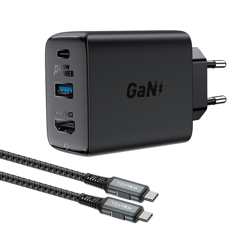 2v1 lādētājs ar USB-C kabeli + USB-C uz HDMI 4K adapteri melns