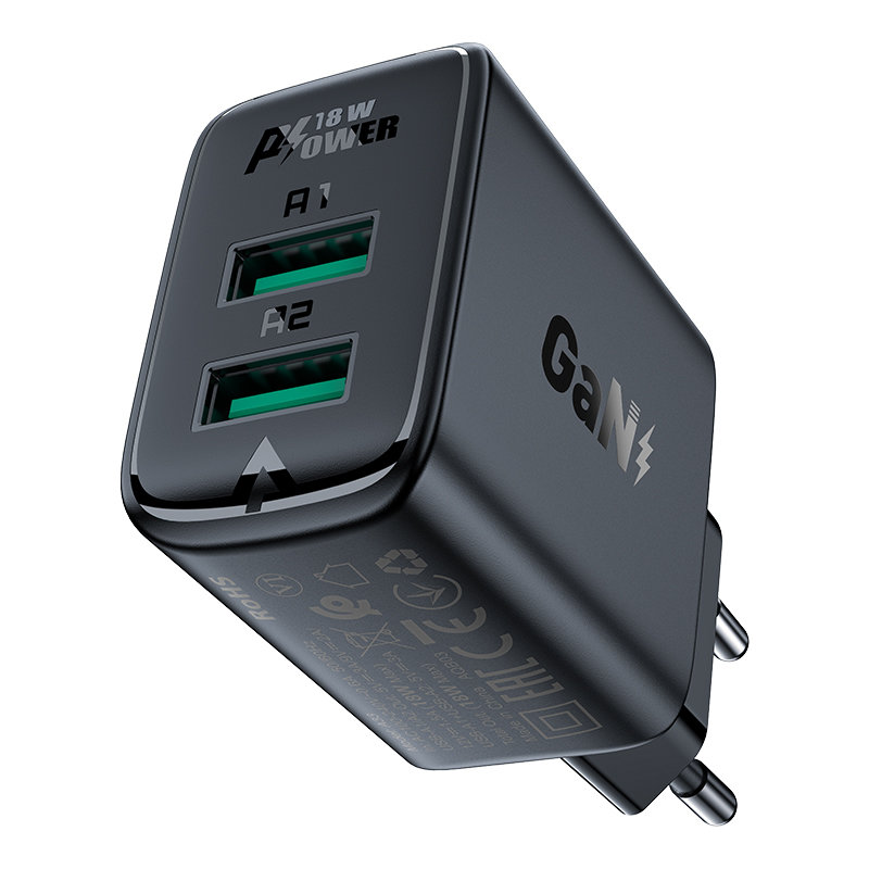 GaN 2x USB 18W QC 3.0 AFC FCP tīkla lādētājs melns