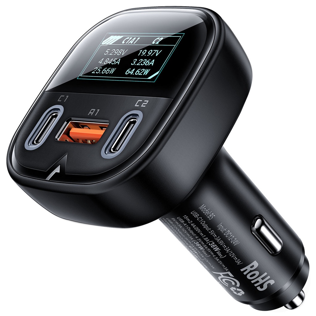 Auto lādētājs ar displeju 2x USB-C 1x USB 101W Power Delivery QC 4.0 melns