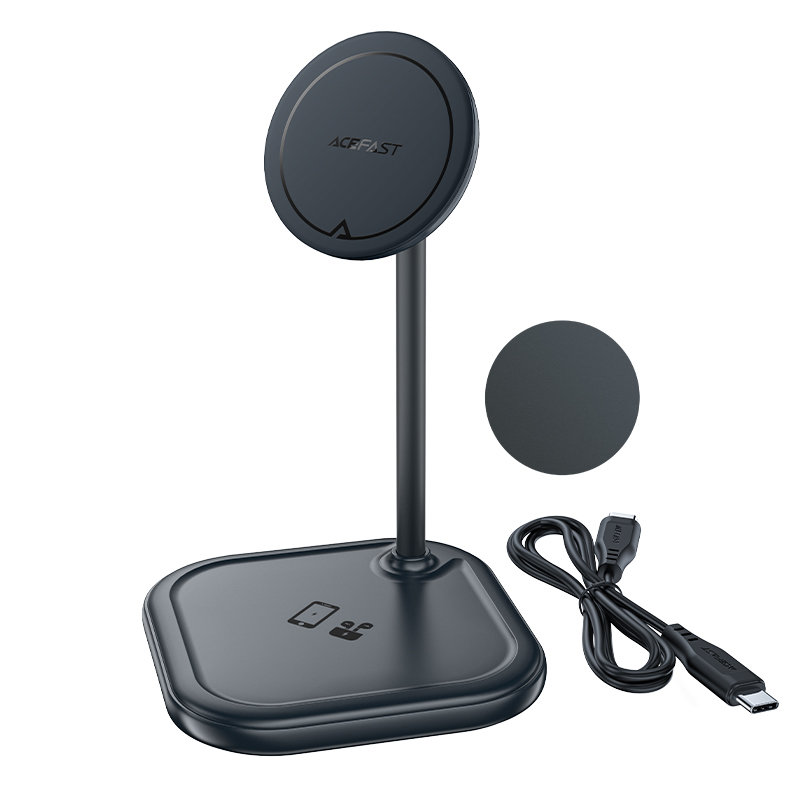 2-in-1 Qi bezvadu lādētājs 15 W un statīvs iPhone un Apple AirPods E6 melns