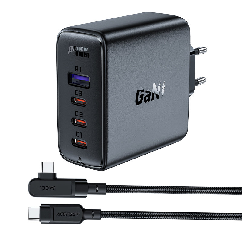 GaN ātrais lādētājs 3x USB-C 1x USB-A + USB-C leņķa kabelis 100W 2m melns