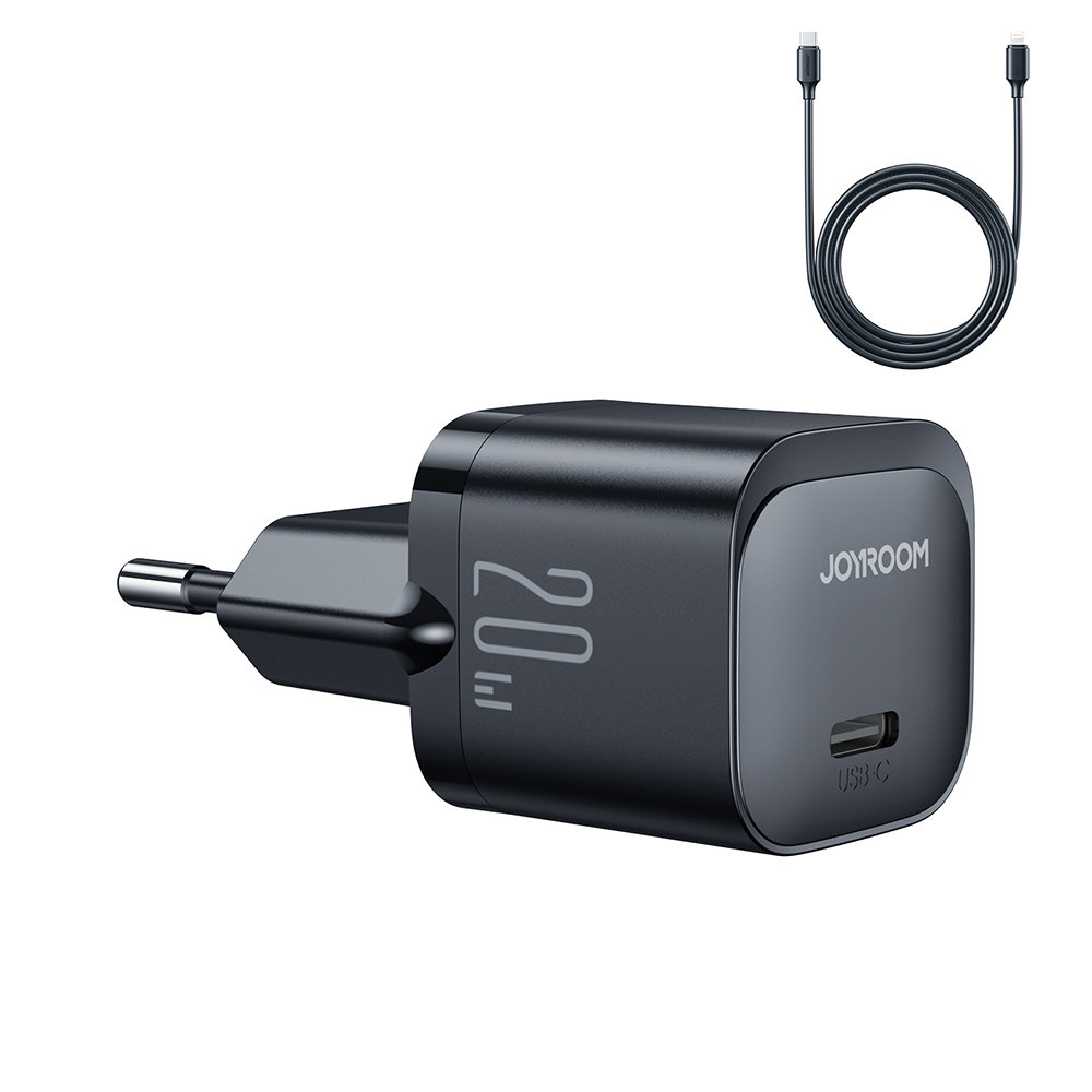 Mini USB-C 20W PD charger with cable for iPhone Lightning black