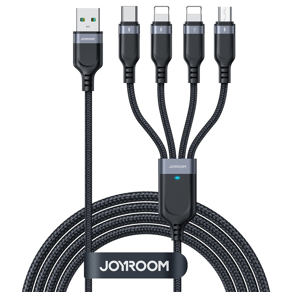 4v1 kabelis USB-A - USB-C 2x iPhone Lightning microUSB 1,2 m melns