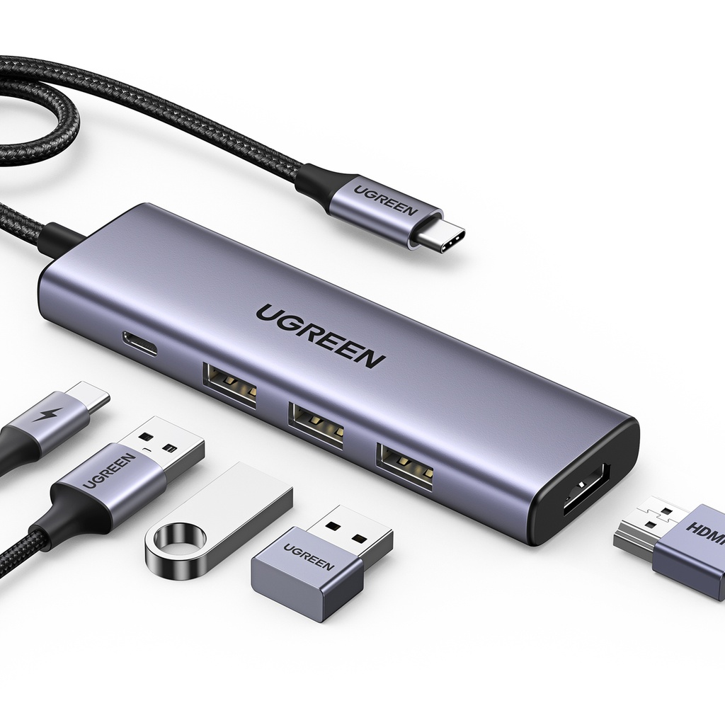 5in1 daudzfunkcionāls HUB adapteris USB-C 3x USB-A HDMI 4K PD 100W pelēks