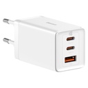 GaN 2x USB-C USB ātrais lādētājs 65W + USB-C kabelis, balts