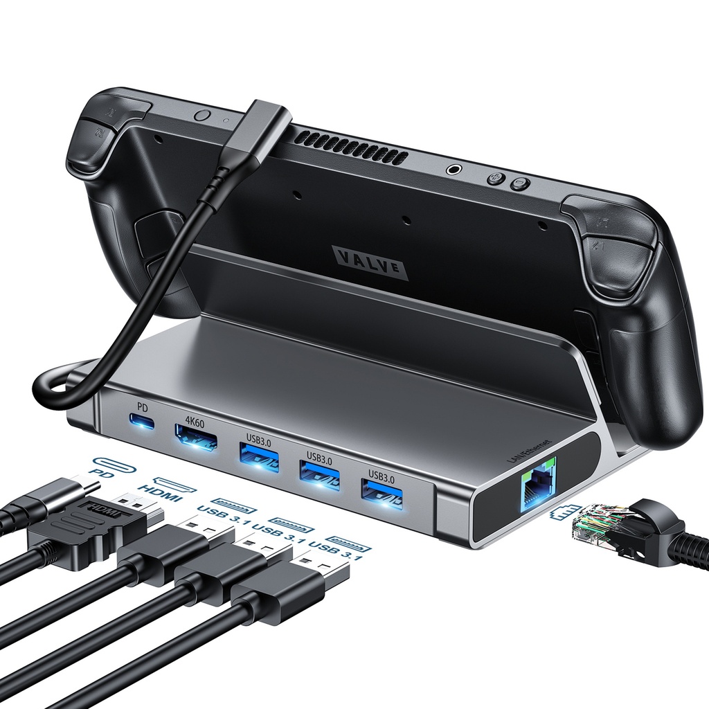 HUB adapteris Steam Deck USB-C USB-A HDMI RJ45 PD pelēks