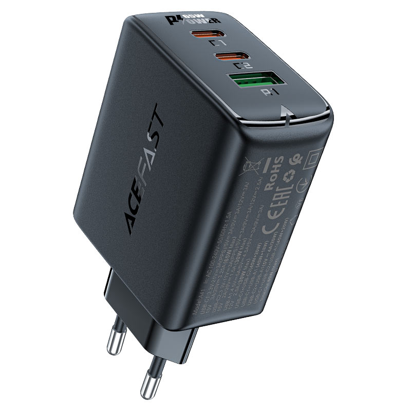 GaN 2x USB-C USB-A PPS PD QC4+ 65W quick charger black