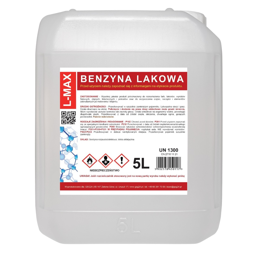 Lacquer gasoline thinner solvent for paints and varnishes L-MAX 5L