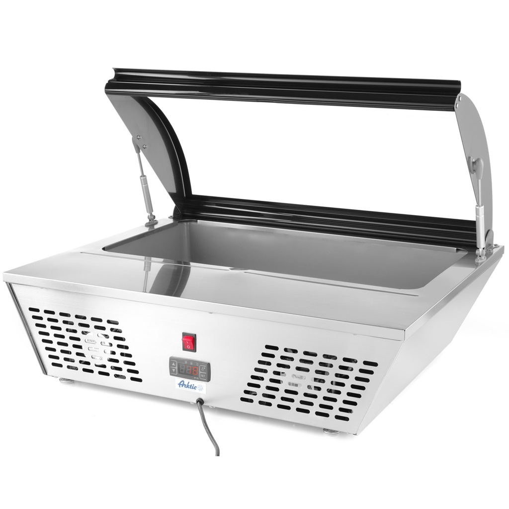 Adjustable refrigerated salad display case with lift-up lid 8x GN 1/6 67L Hendi 233672