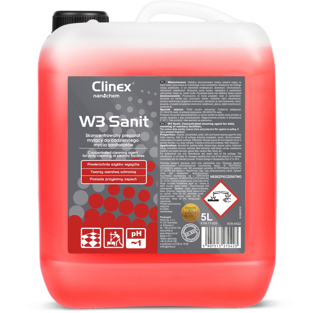 Concentrate liquid for washing tile floors walls in bathrooms CLINEX W3 Sanit 5L