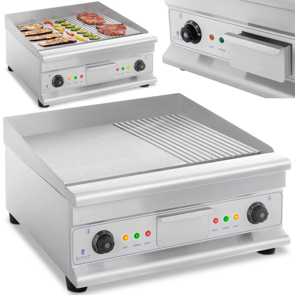 Double smooth fluted grill plate with grease drawer 230 V 2x 3200 W.