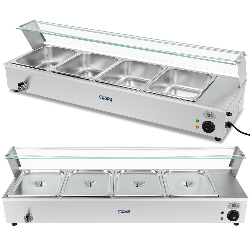 Elektriskais bain marie ar krānu un aizsargu 1800 W 4x GN 1/2 dziļš 100 mm 24 l