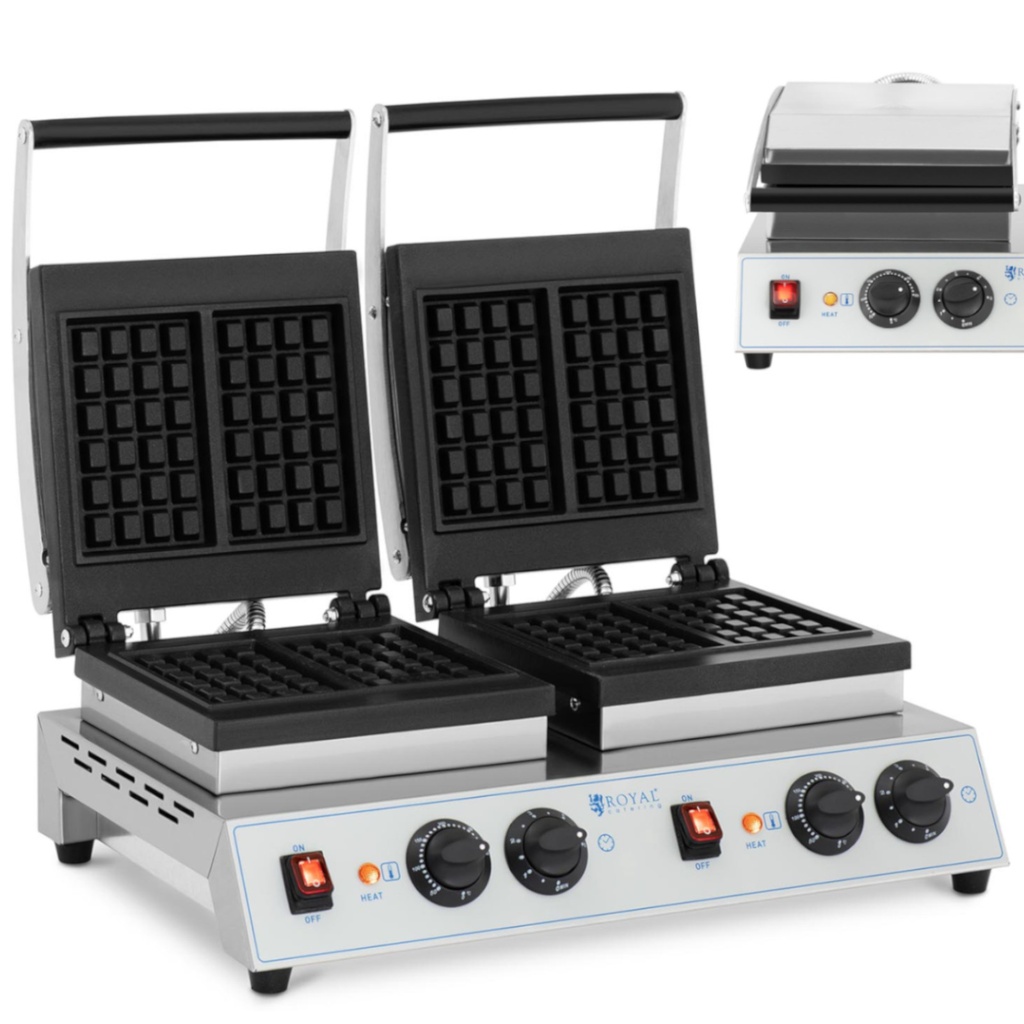 Rectangular double waffle maker for 4 Belgian waffles 2 x 1500 W.