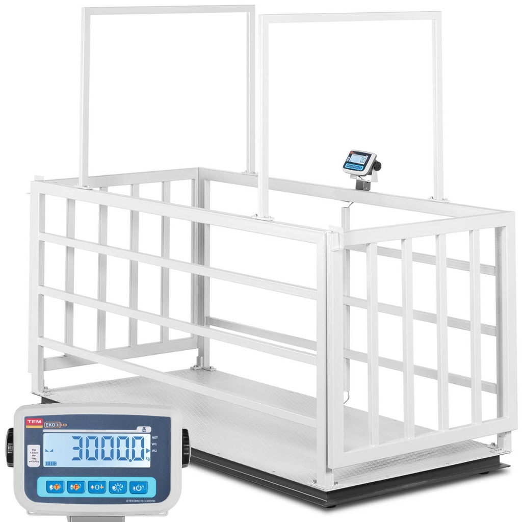 Veterinārie platformas mājlopu svari ar dzīvnieku būri 3000/1 kg 110x240 cm LCD displejs