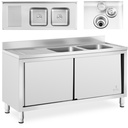 Food service double bowl pool sink with cabinet with sliding door 160 x 60 x 95 cm