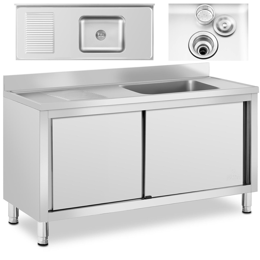 Food service pool sink single bowl with cabinet with sliding door right 140 x 60 x 94.5 cm