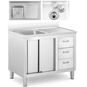 Food service pool sink single bowl with cabinet with sliding doors drawers steel 100 x 60 x 94.5 cm