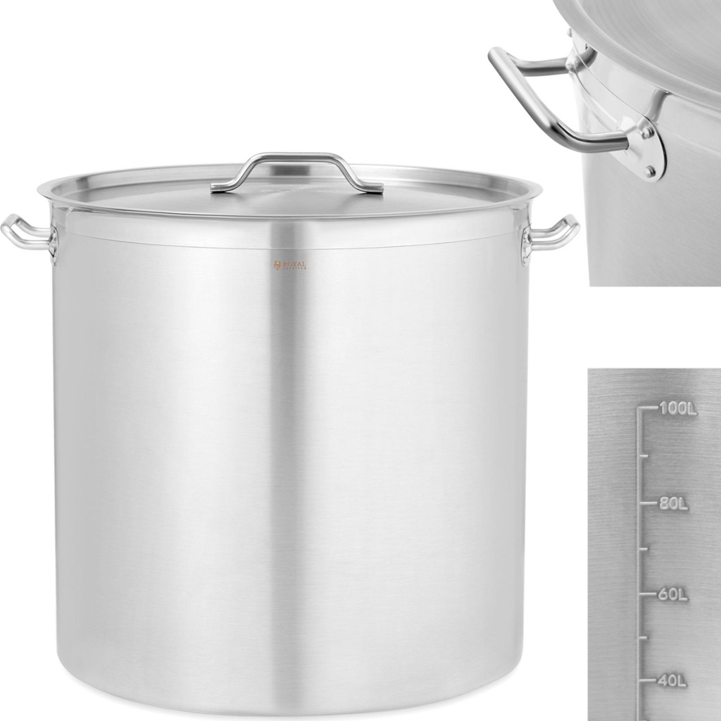 Steel pot with measuring lid for induction gas electric stove 130 l