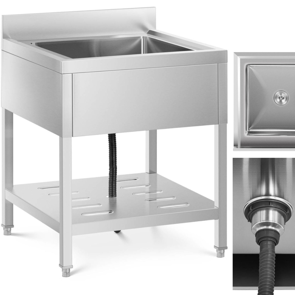 Food service single bowl pool sink with shelf and rim 70 x 70 x 95 cm