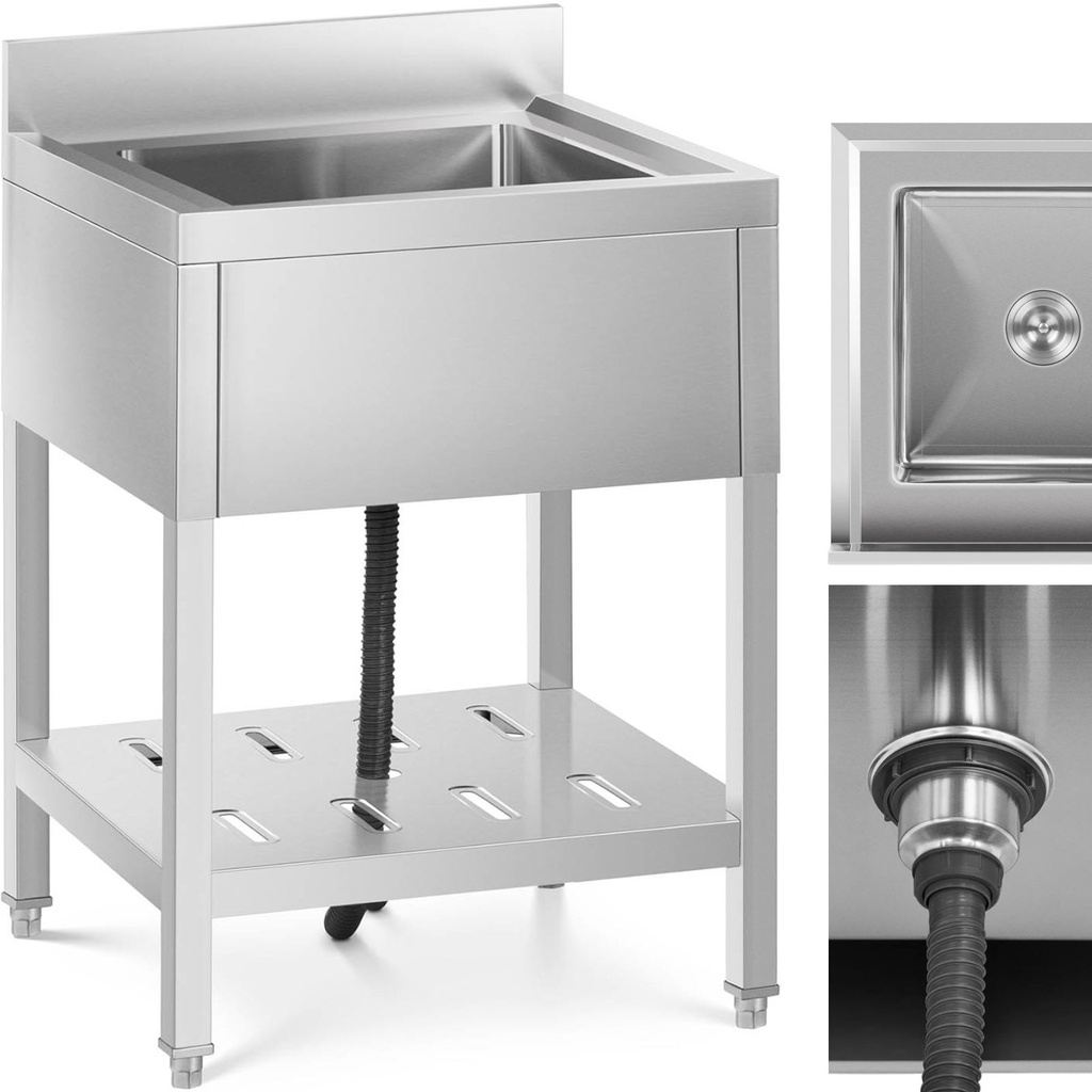 Food service single bowl pool sink with shelf and rim 60 x 60 x 94 cm