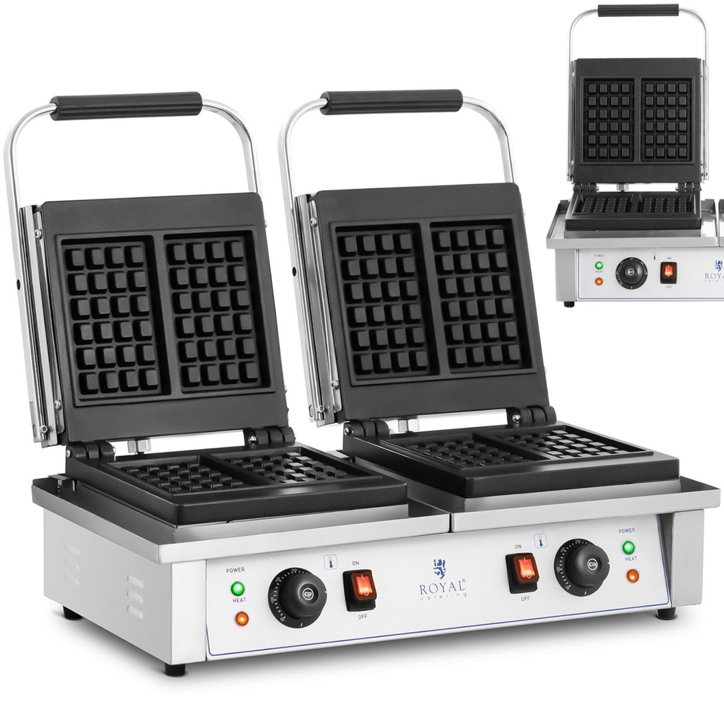 Rectangular double waffle maker for 4 Belgian waffles 2 x 2000 W.