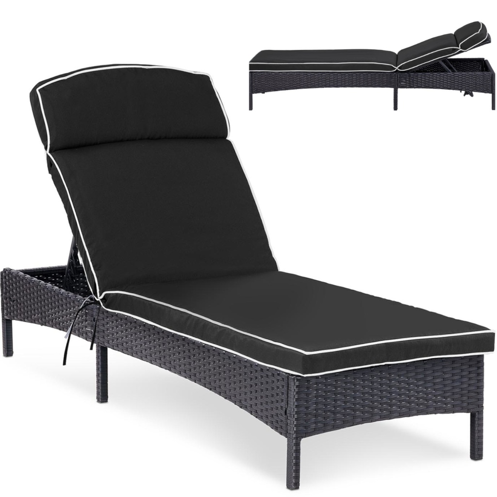 Rattan lounger with adjustable backrest upholstery up to 160 kg black