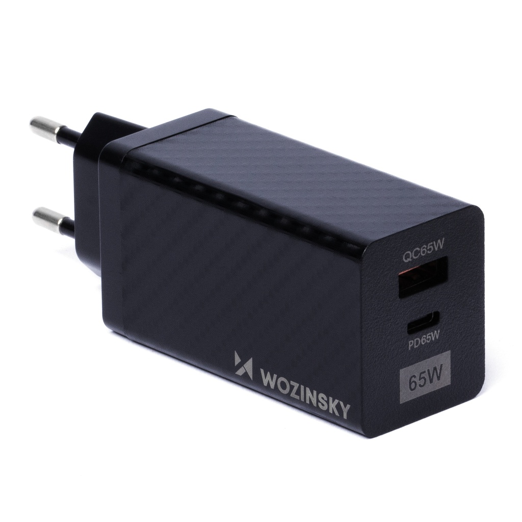 GaN 65 W lādētājs ar USB-C QC 3.0 PD portu melns