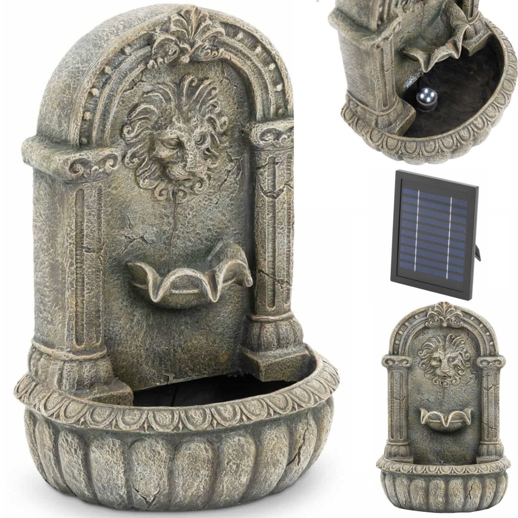 Solar wall mounted garden cascade fountain with LED lighting lion's head 2 W.