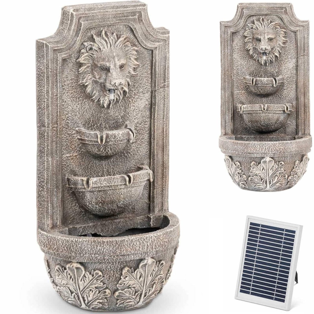 Solar wall-mounted garden fountain with LED lighting 3 levels lion's head 3 W.
