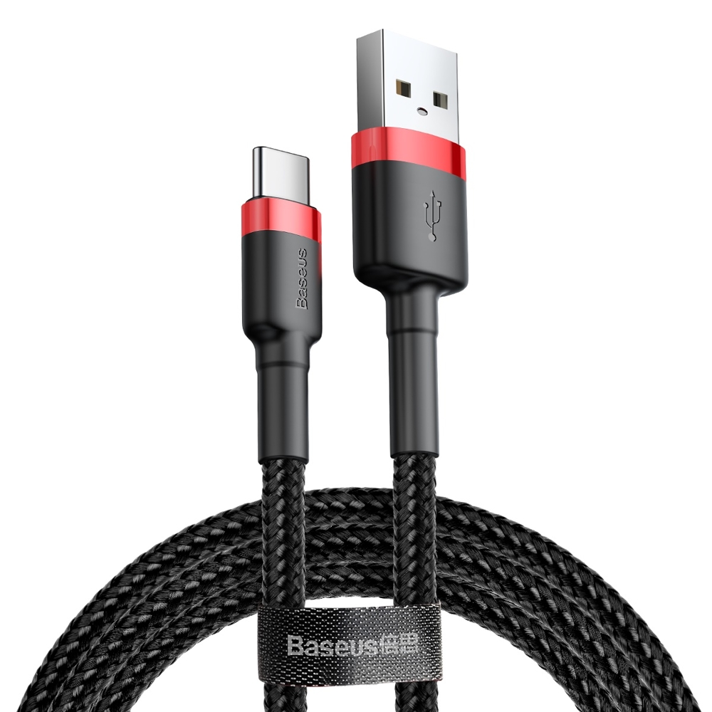 Izturīgs elastīgs USB-C QC3.0 3A 1M melns/sarkans USB kabelis