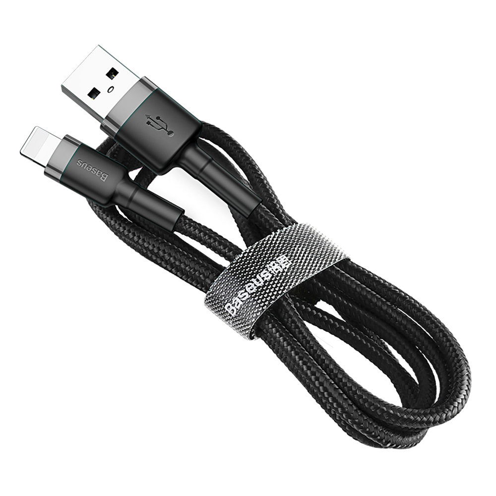 Izturīgs elastīgs kabelis USB Iphone Lightning QC3.0 2.4A 0.5M melns-pelēks kabelis