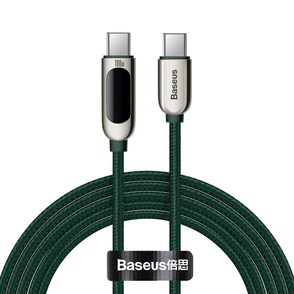 USB-C 100W 5A Power Delivery cable with power meter display 2m green