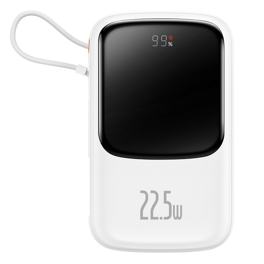 Qpow powerbank 10000mAh iebūvēts USB C tipa kabelis 22,5W Quick Charge balts