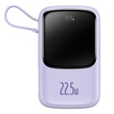 Qpow powerbank 10000mAh iebūvēts USB C tipa kabelis 22,5W Quick Charge purpursarkans