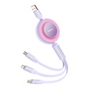 Ištraukiamas 3-in-1 USB microUSB + Iphone Lightning + USB-C 66W kabelis 1,1 m violetinės spalvos