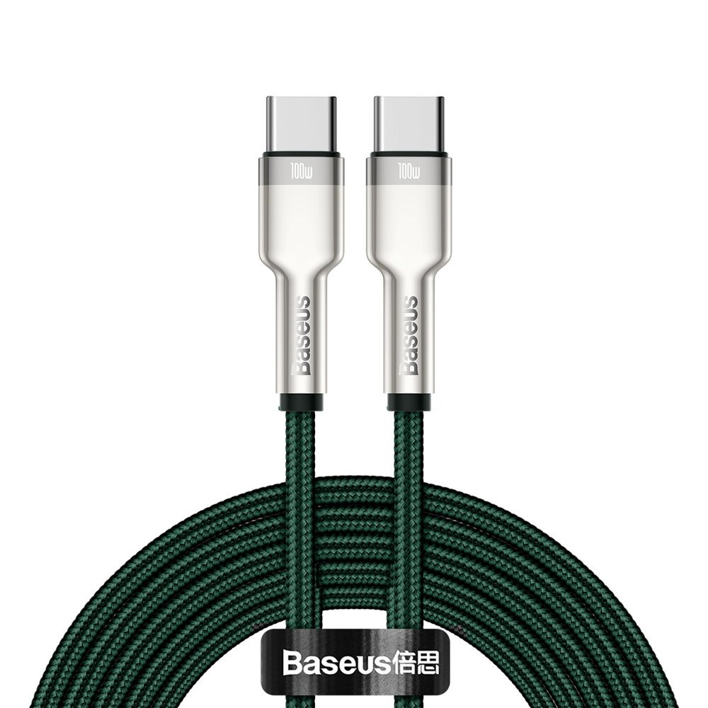 USB-C kabelis - USB-C Cafule Metal Data Power Delivery 100W 2m - zaļš