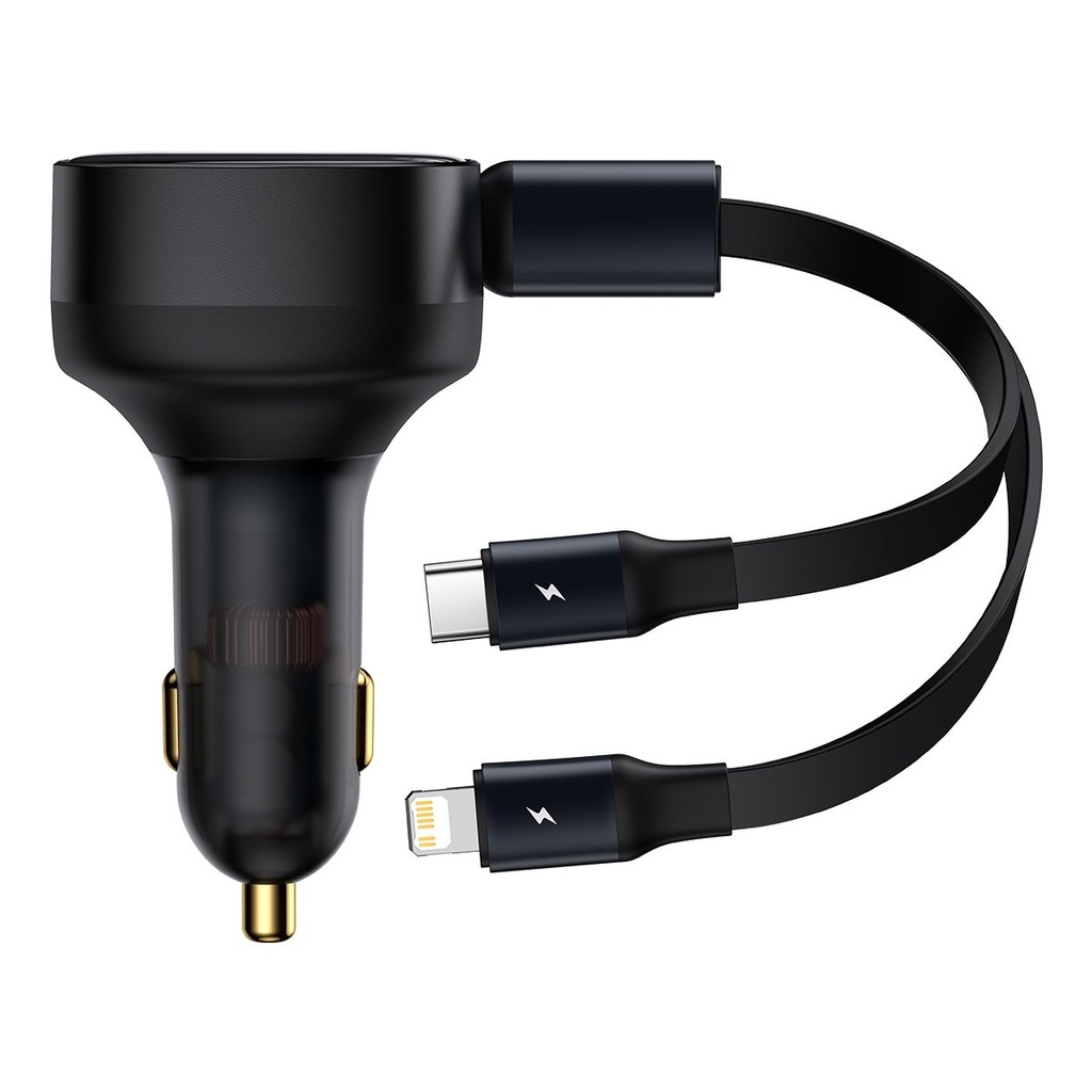 2-in-1 USB-C + iPhone Lightning auto lādētājs ar 75 cm 30 W ievelkamu kabeli - melns