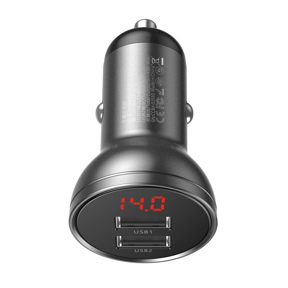 Auto lādētājs 2x USB 4.8A 24W ar LCD displeju pelēks