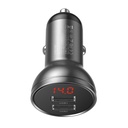 Auto lādētājs 2x USB 4.8A 24W ar LCD displeju pelēks