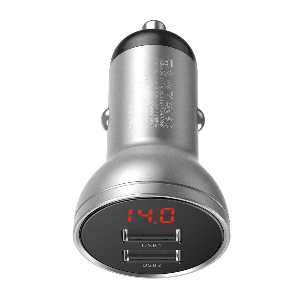 Auto lādētājs 2x USB 4.8A 24W ar LCD displeju sudraba krāsā