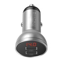 Auto lādētājs 2x USB 4.8A 24W ar LCD displeju sudraba krāsā