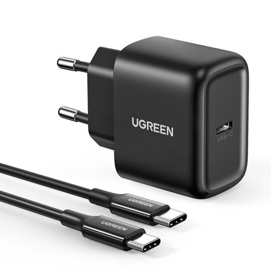 USB-C 25W PD telefono įkroviklis + USB-C 2 m ilgio kabelis, juodas