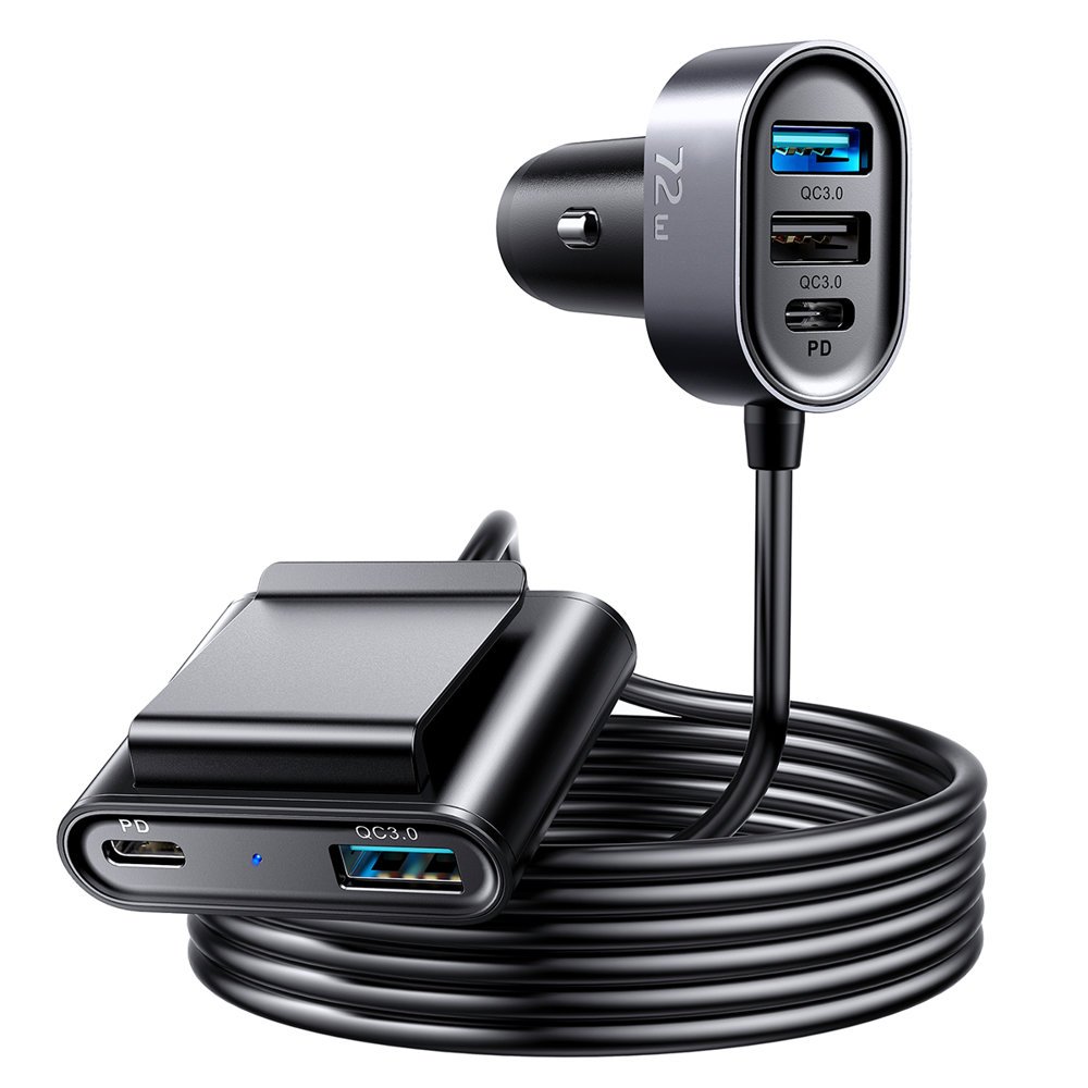 Auto lādētājs 5 ierīcēm 2xPD + 2xQC3.0 72W 1.5m melns