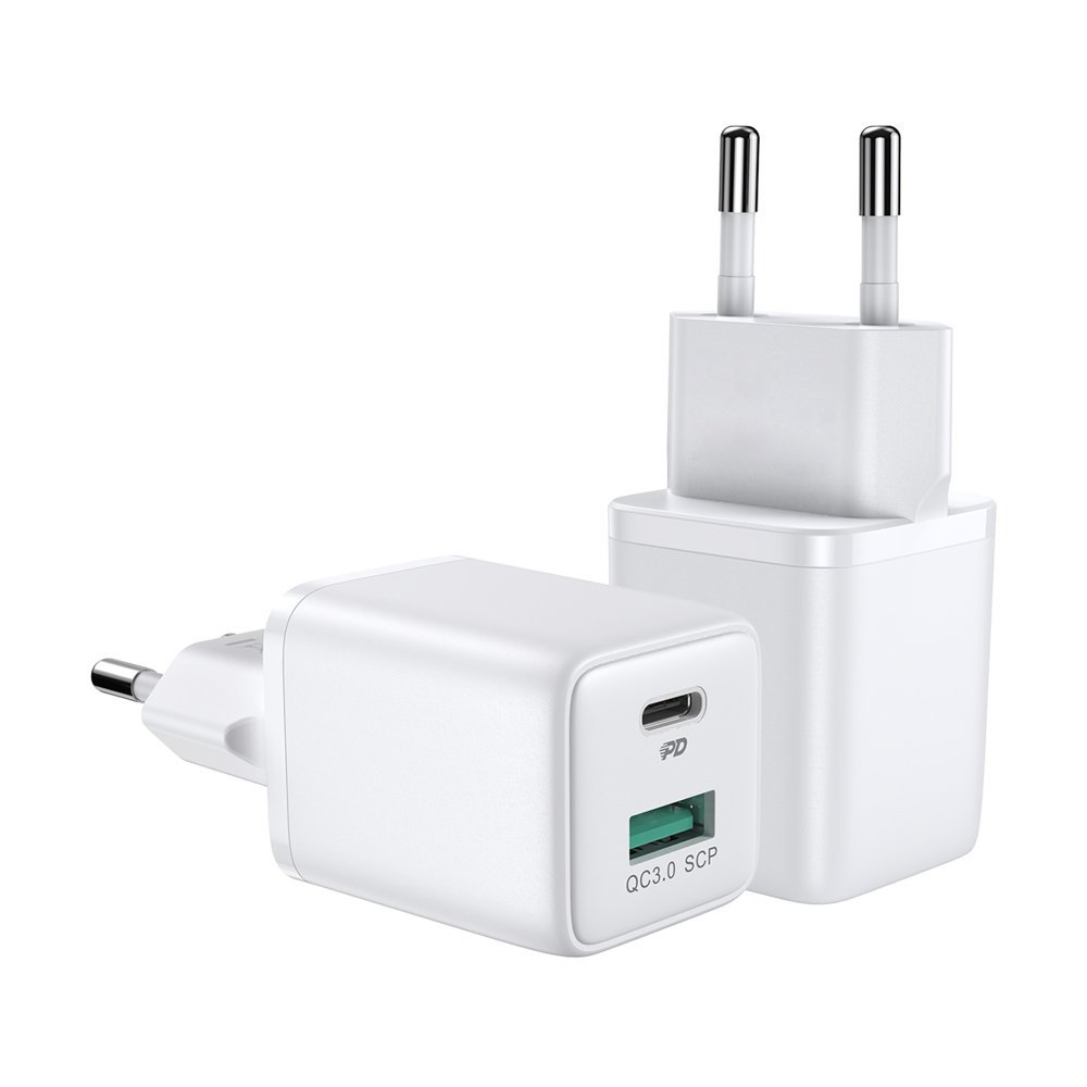 ES USB kontaktdakša USB-C 30W PD QC AFC FCP balts tīkla lādētājs