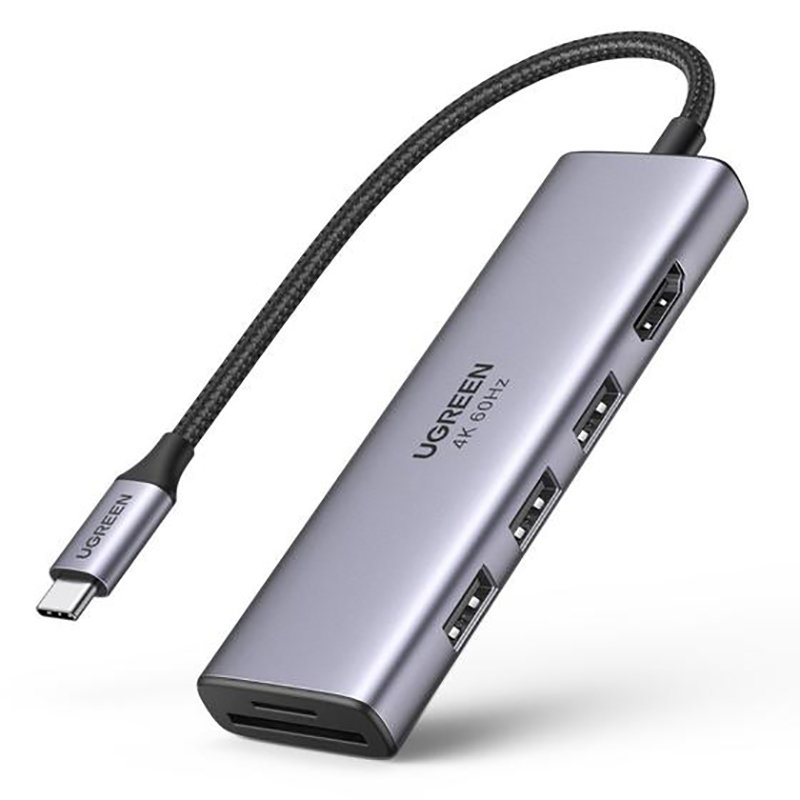 6in1 USB-C daudzfunkcionālais HUB - 3x USB HDMI 4K SD un TF karšu lasītājs, pelēks