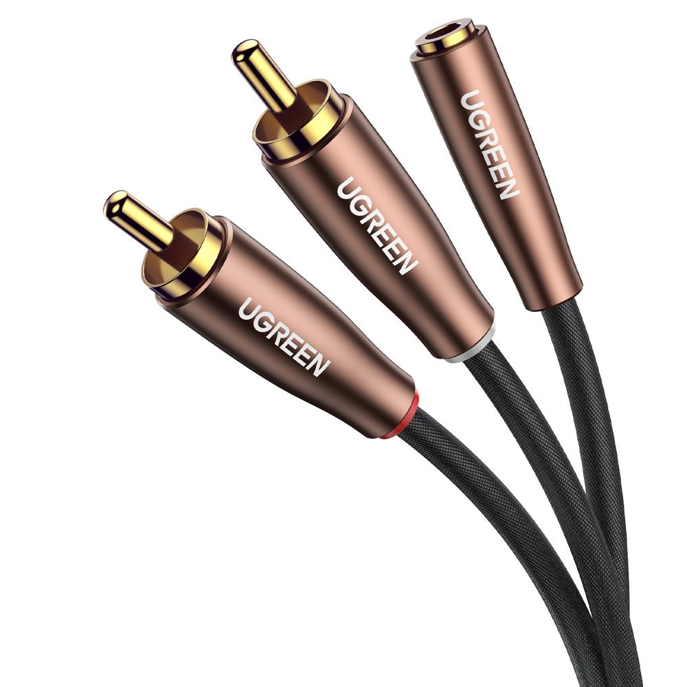 Adapterio kabelis garso kabelis 3,5 mm mini jack moteriškos - 2x RCA vyriškos 5 m rudos spalvos