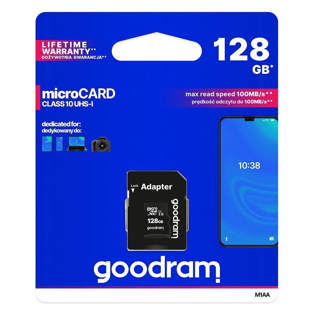 128 GB micro SD XC UHS-I 10 klasės atminties kortelė + SD adapteris